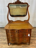 Antique Tiger Oak Serpentine Dresser w/Mirror