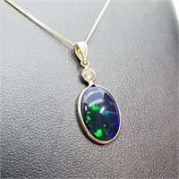 10K Gold Enhanced Black Opal & Diamond Necklace