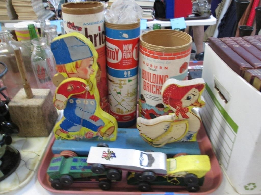 Tinkertoys, Wood Pull Toy, Wood Cars.