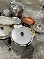 Assorted Pots, Pans, Coffee Pots, Egg Carrier