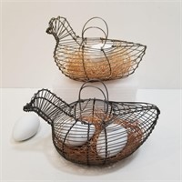 Two Wire Chicken Baskets with Faux Eggs
