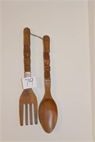Large Wooden Vintage Fork & Spoon 22" Long