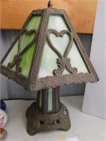 Art Deco lamp, green slag glass & metal shade and