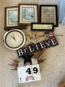 Pictures, wood signs, clock, home decor