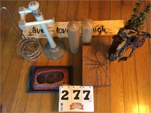 Small bench, wood sign, candles, T.P. holders