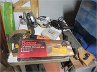 GROUP OF TOOLS, - MITER BOXES, CIRCULAR SAW, DRILL