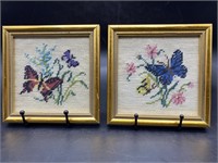 (2) Needlepoint Butterflies in Gold Frames