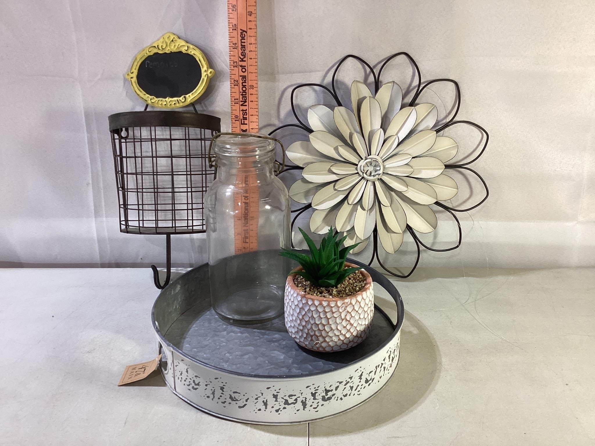 Faux Succ., Metal Tray, Glass Lid Jar & Wall Decor