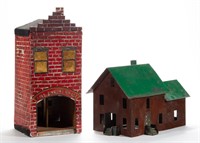 FOLK ART PAINTED TIN HOUSES, LOT OF TWO,
