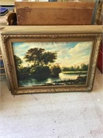Antique Oil Painting Boy Fishing Canvas Has