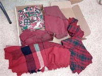 Mixed lot of holiday linens and 2 blankets, 1 is