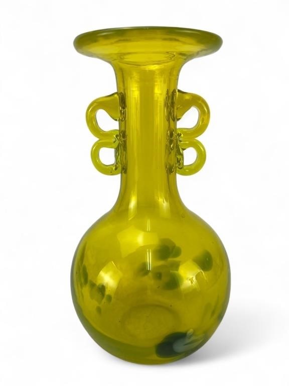 MCM art glass yellow double loop handled vase