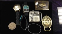 Group lot of belt buckles & watches, includes a