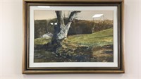 Watercolor painting of trees on a hillside, signed