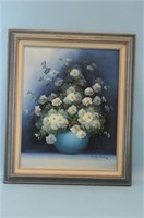 Framed Oil Painting of White/Blue Flowers in Vase