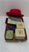 hat, picture frames, tins