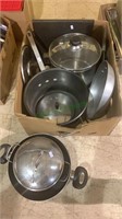 Box lot of kitchen cook pots, frying Pan, a large