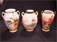 Three Nippon double-handled scenic vases ranging