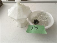 milk glass, candle holder, 2 frogs