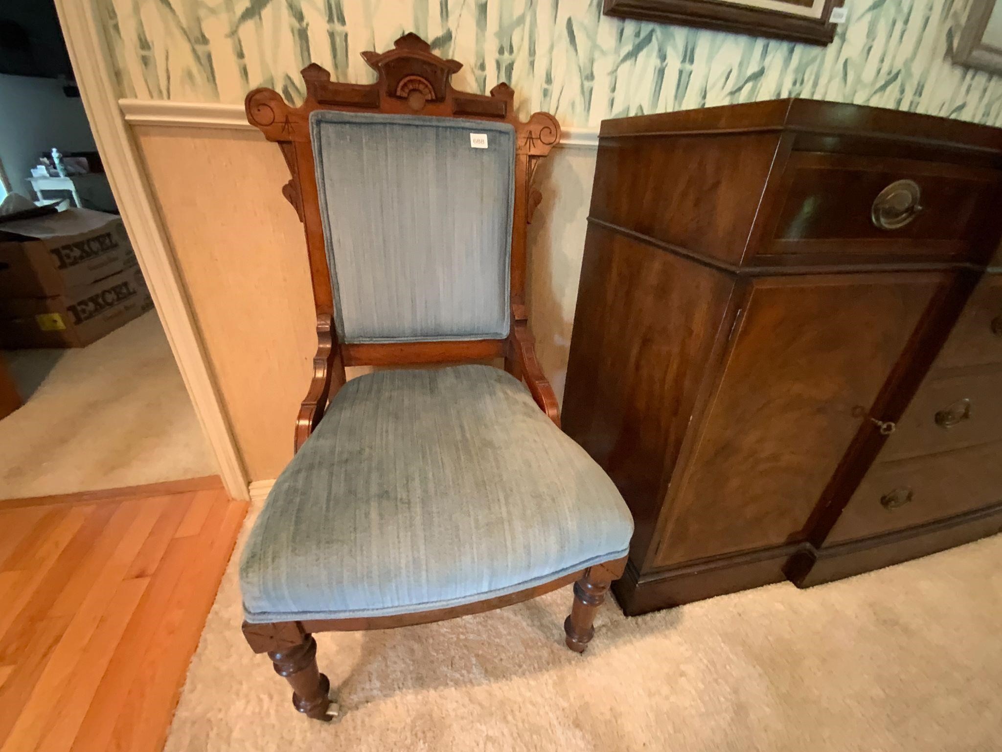 Eastlake Victorian Blue Upholstered Parlor Chair