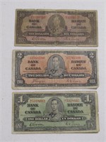 THREE 1937 BANK OF CANADA BANKNOTES