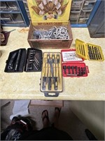 cigar box, misc chain, drill bits, files