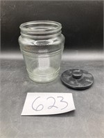 Vintage Glass Barrel Jar (FF) and Odd Ceramic Lid