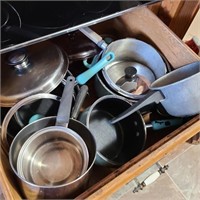 Drawer Full of Assorted Pots, Pans, & Lids