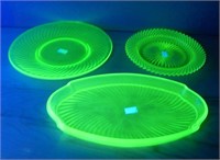 Uranium Green Depression Glass Plates & Tray 3pc