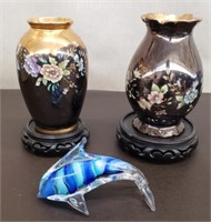 Pair of Hand Painted Vases on Stands & Blown