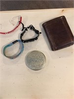 Leather Wallet, 3 Bracelets, Skoal Metal Lid