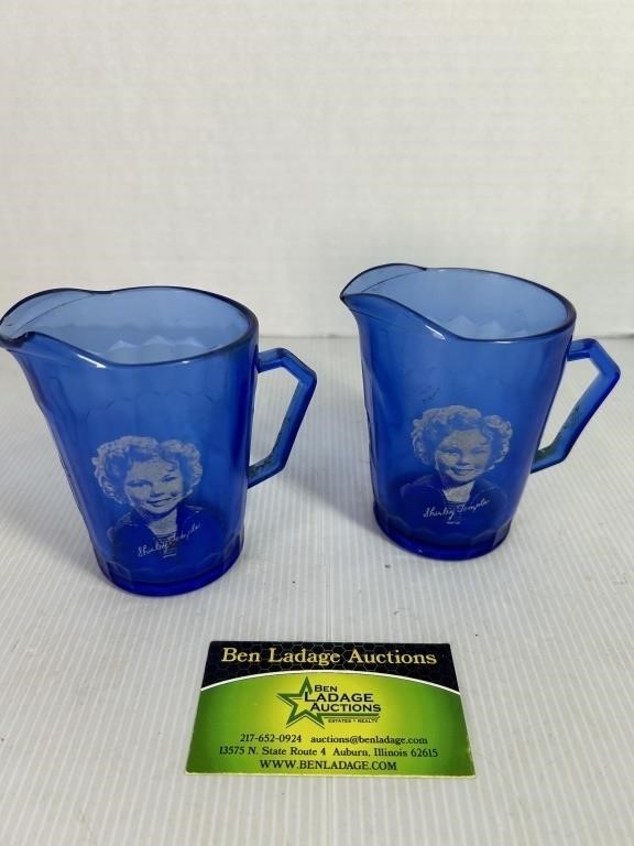 2 Blue Glass Shirley Temple Small Pitchers