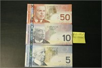 2004 Bank of Canada $50, $10, & $5 Bank Notes