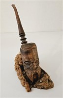 Carved Wooden Man's Head Pipe Burl Wood Stand