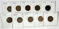 (10) 1905 Indian Head Cent Penny Lot