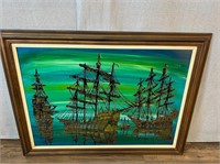 Unsigned Painting Mid Century Drip Style Ships