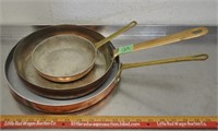 3 copper frying pans w/brass handles, pics