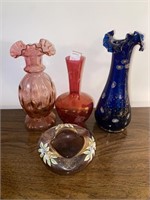 (4PCS) HAND-BLOWN & PAINTED GLASS VASES &