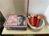 Elvis lunch box, Pez dispenser and kellogs bowls