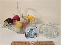 Artificial Fruit in Basket, Lidded Candy Dish, &