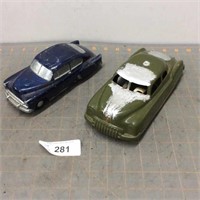 2 vintage cars (blue one is a coin bank)