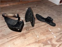 Pair of Cast Iron Sad Irons & Cobblers Shoe Stand
