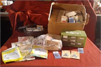 Sewing items, needles, lead weights, patterns,