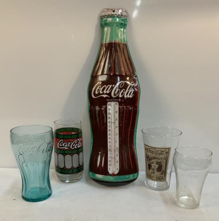 Vtg Coca Cola Thermometer & (4) Coke Glasses