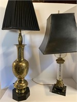 VINTAGE ETCHED GLASS LAMP 28 IN & BRASS LAMP 34 IN