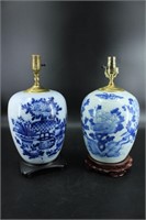 2 Chinese Blue and White Porcelain Jar Table Lamps