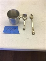 BABY TIN CUP AND 2 GERBER SPOONS