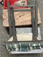 3 wooden stools, 1 with cloth bottom