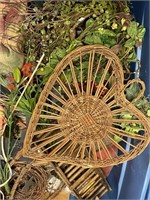 box of home decor, wicker, wooden, faux plants,