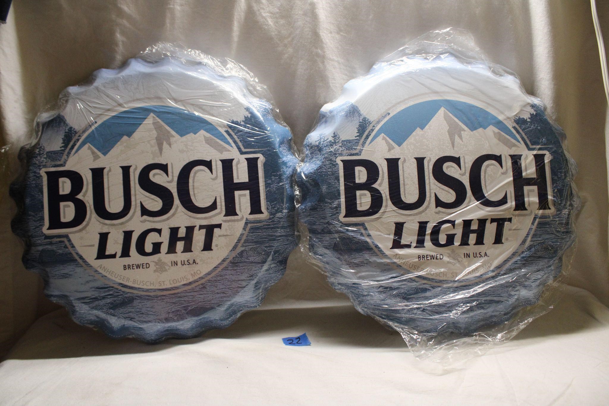 2 NEW 16 1/2" Busch Light Metal Bottle Cap Signs